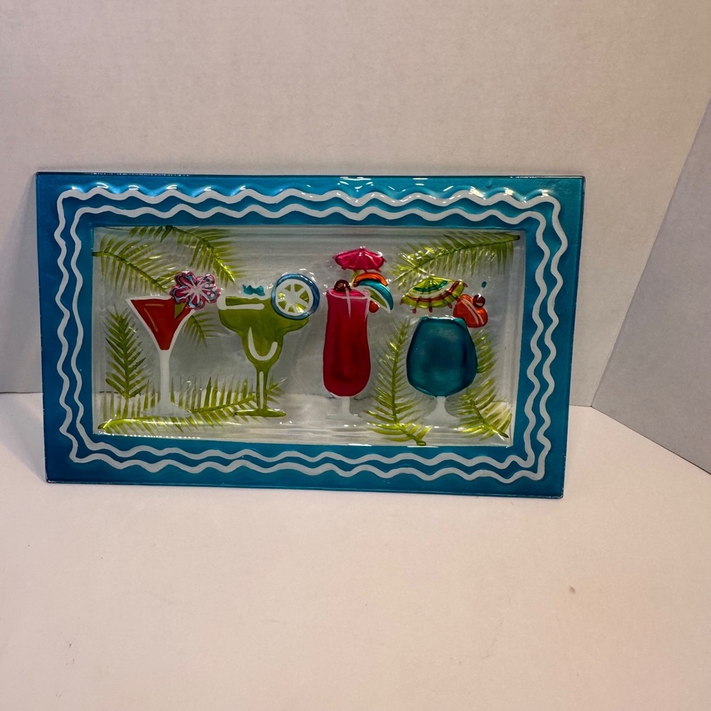 Vintage Glass Handpainted Tiki Bar Tray Martini Margarita Tropical Barware 14in